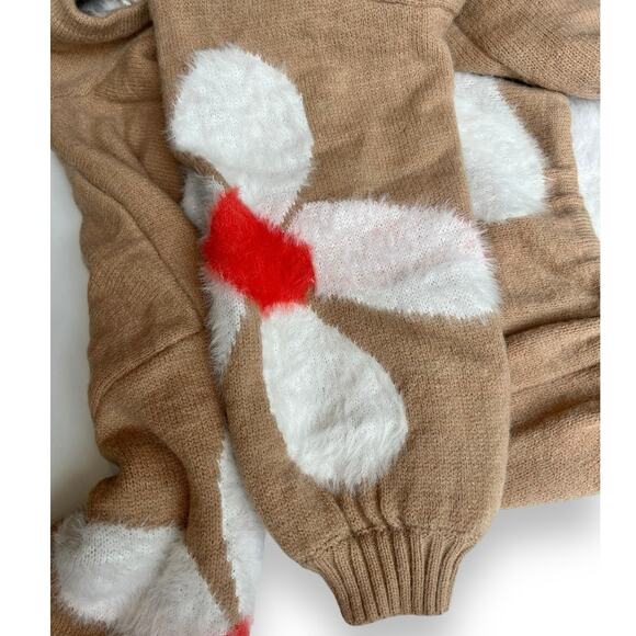 POL Daisy Fuzzy Hooded Oversized Sweater Tan White Floral Unique Pullover Small - Picture 4 of 15